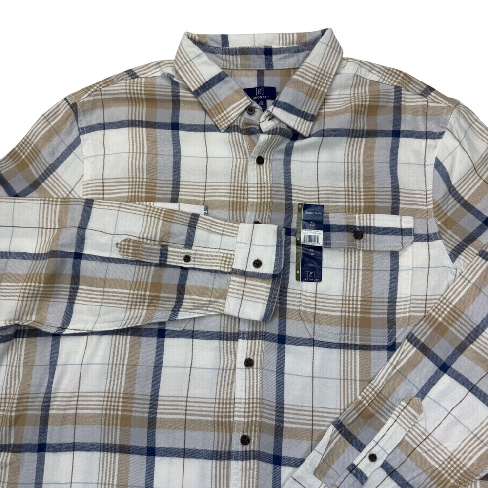 George Mens XL Tall Super Soft Plaid Flannel Shirt Tan Blue GE36008605T NWT